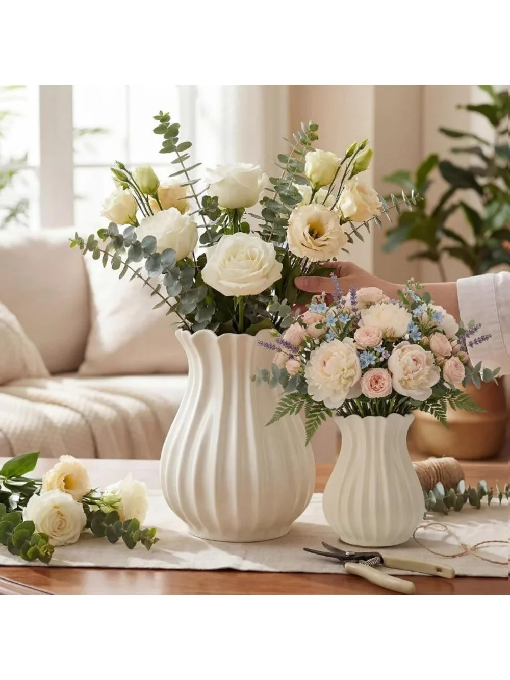 2 Pack Vintage White Pleated Ceramic Vases for Stylish Home Decor & Centerpieces